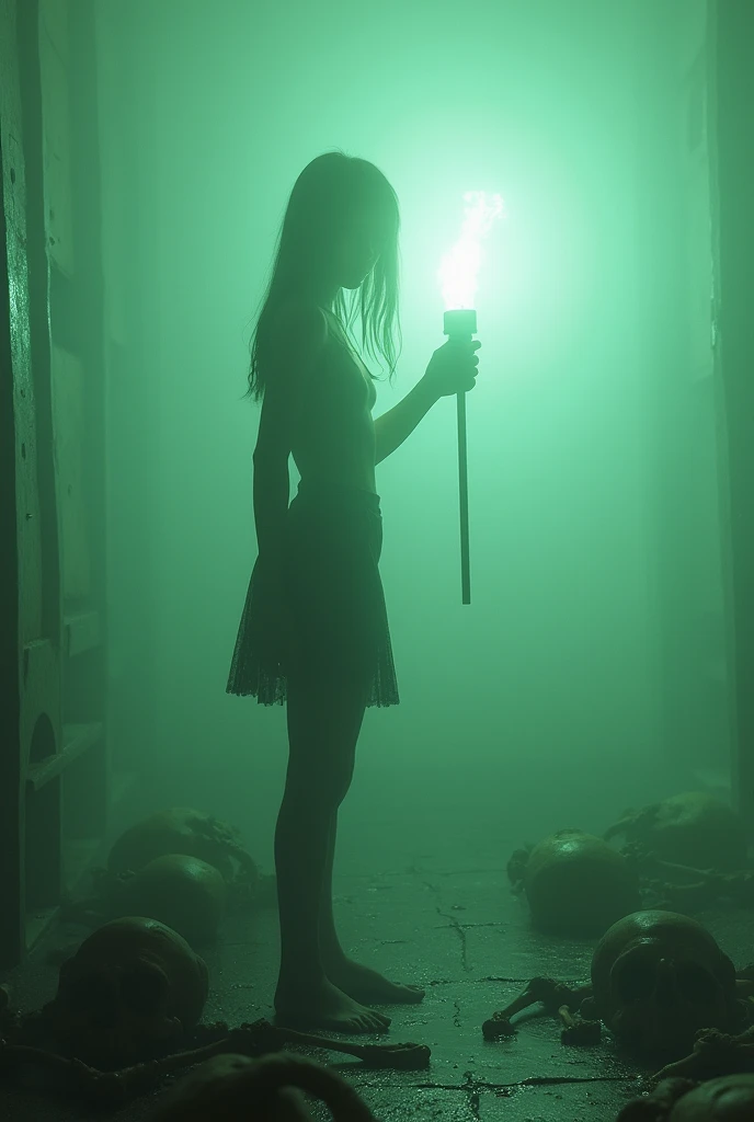 (RAW photo, realistic photo, high quality, masterpiece), 80's style, Japanese beautiful woman stand in the heavy fog, the view is confused, she is holding a torch, dangerous atmosphere, skeletons on the ground, green corrosive fluids on ground and body, her body is covered by heavy fog, only slim body outline can be seen from the fog, side view, look at the viewer