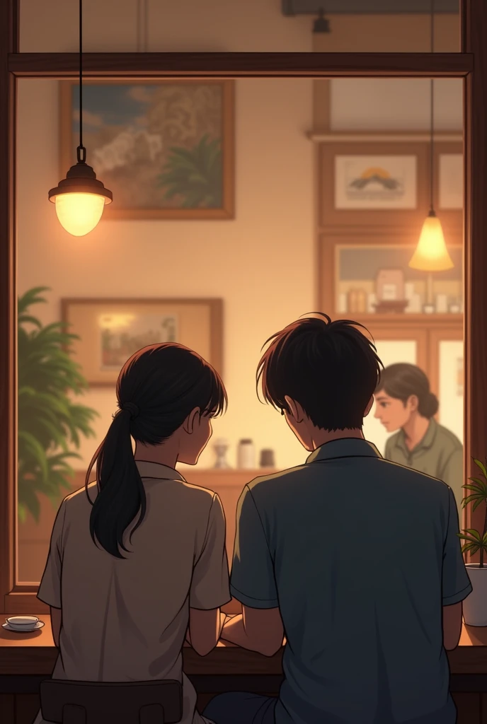 A backside view of a man and a woman with ponytail sitting in a coffee shop with a space for typing a story 
