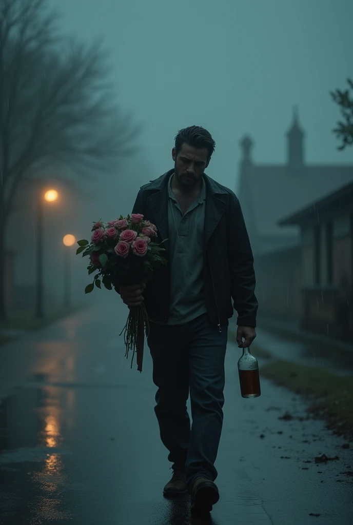 A man walks in the night, There is fog due to heavy rain, His face and clothes were completely wet, the rain is intense, very strong, Down a street, His face shows sadness, pain, sobs, His walk is sad and slow, In one hand she carries a bouquet of roses wilted by the rain.. On the other side, a half empty bottle of alcohol, walk slowly, In the distance you can see a cemetery