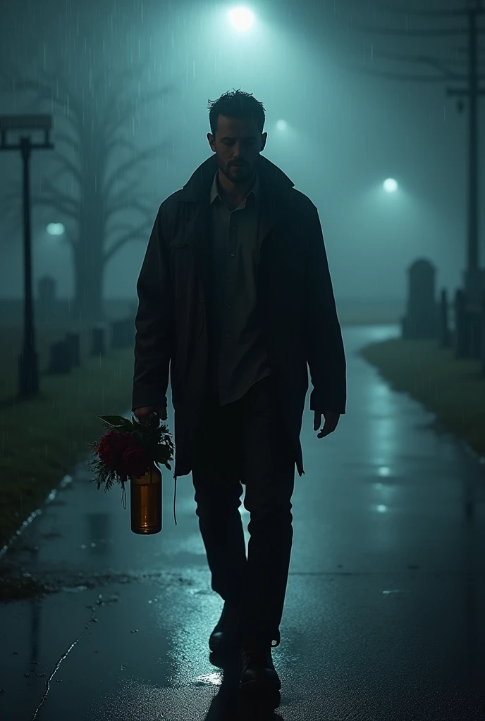 A man walks in the night, There is fog due to heavy rain, His face and clothes were completely wet, the rain is intense, very strong, Down a street, His face shows sadness, pain, sobs, His walk is sad and slow, In one hand she carries a bouquet of roses wilted by the rain.. On the other side, a half empty bottle of alcohol, walk slowly, In the distance you can see a cemetery