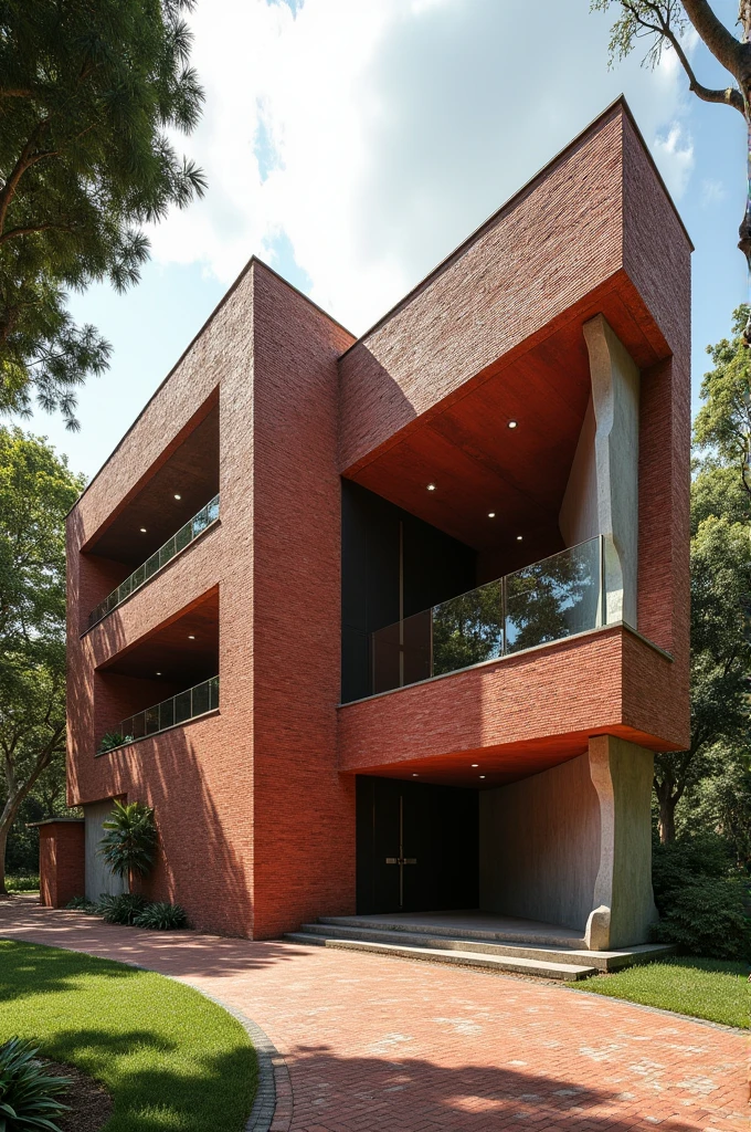 Museum of textile made with red bricks and some detai with concrete , as a contemporary architecture, in Guatemala , surrounded by trees ,and a huge entrance