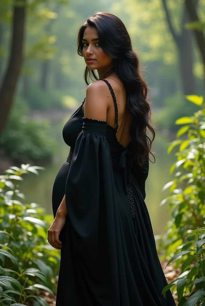 Create a photo by a girl standing in a beautiful nature place and she is wearing black dress and turned around 
The girls face shouldn't be visible 
And the image should look real
The girl should be an indian 
Add sleeves to her tops 
Make her little bit fat
