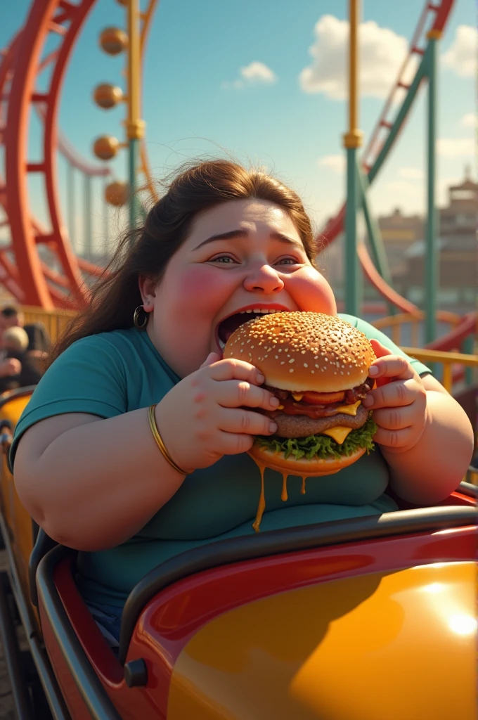 Obese lady eating hamburgers while sitting in a Rollercoaster ride 