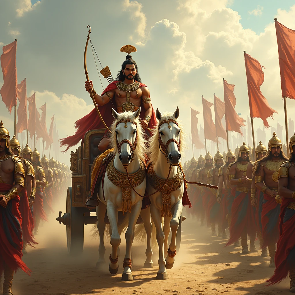Depict Arjuna standing in his chariot, drawn by white horses, with Krishna as his charioteer on a vast battlefield. Arjuna has a determined expression as he surveys the opposing army, specifically looking at those who have gathered to fight for Duryodhana. Krishna remains calm, holding the reins of the horses. The scene should feature both armies lined up, with banners and armor gleaming in the sunlight. Highlight the tension and seriousness of the moment, as Arjuna seeks to identify the key warriors supporting Duryodhana, whom he considers to be evil-minded. The chariot, the warriors, and the battlefield should be richly detailed, emphasizing the grand scale of the impending battle.