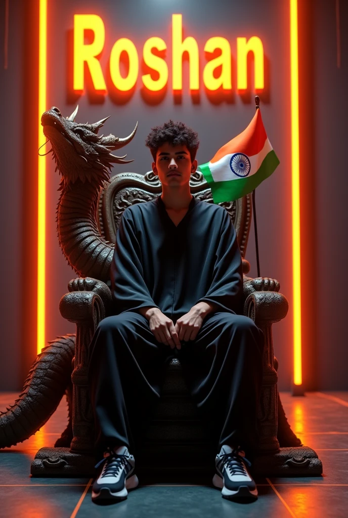 Illustration A 18 year old young boy wearing a black Räkéß and sneakers, sits on a King of Beasts throne with an Indian flag in hand. A ferocious dragon is next to him, and he has Indian tricolor wings. ‘Roshan‘ is written in large orange neon lights on a dark gray wall in the background. Create a 3D illusion profile picture in