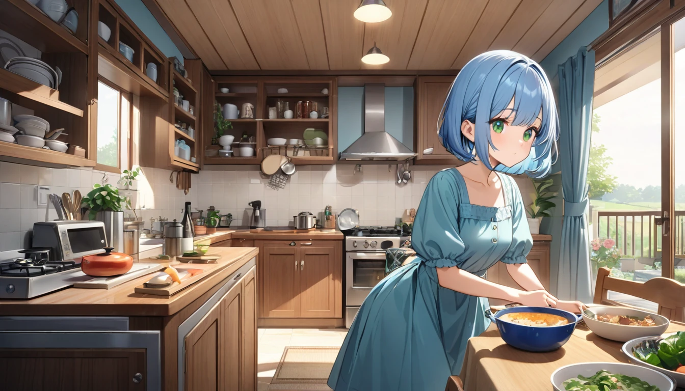 Highest quality、Light blue hair、Short Bob、Deep green eyes、Small breasts,Age 25,Wearing a cute dress、Living room at my parents' house、A mother with long, navy blue hair is in the kitchen.