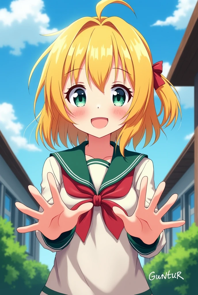 A anime schoolgirl with yellow hair. With "Guntur" written onnher hands