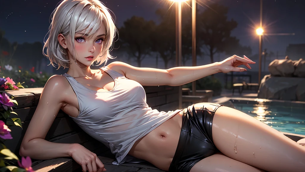 realistic, 1girl, white hair, purple eyes, glowing eyes, see through tank top, mini skirt, parted lips, blush, night, flowers, sun, sunlight, camel toe, wet, beautiful girl,