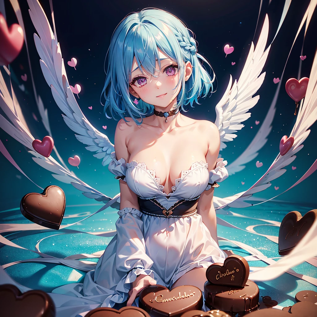 Sky blue hair、Braided Short Hair、Pink Eyes、Fair skin、whole body、One person、shy、Lots of hearts in the background、(Heart-shaped chocolate)、(Chocolate Angel)、Valentine's Day、smile、masterpiece、Highest quality、Very detailed、Best Shadow、Detailed Background、Beautifully detailed face、High Contrast、Best lighting、Very delicate and beautiful、Cinematic Light、Hyper Detail、8k、Dramatic Light、Exquisite detail、