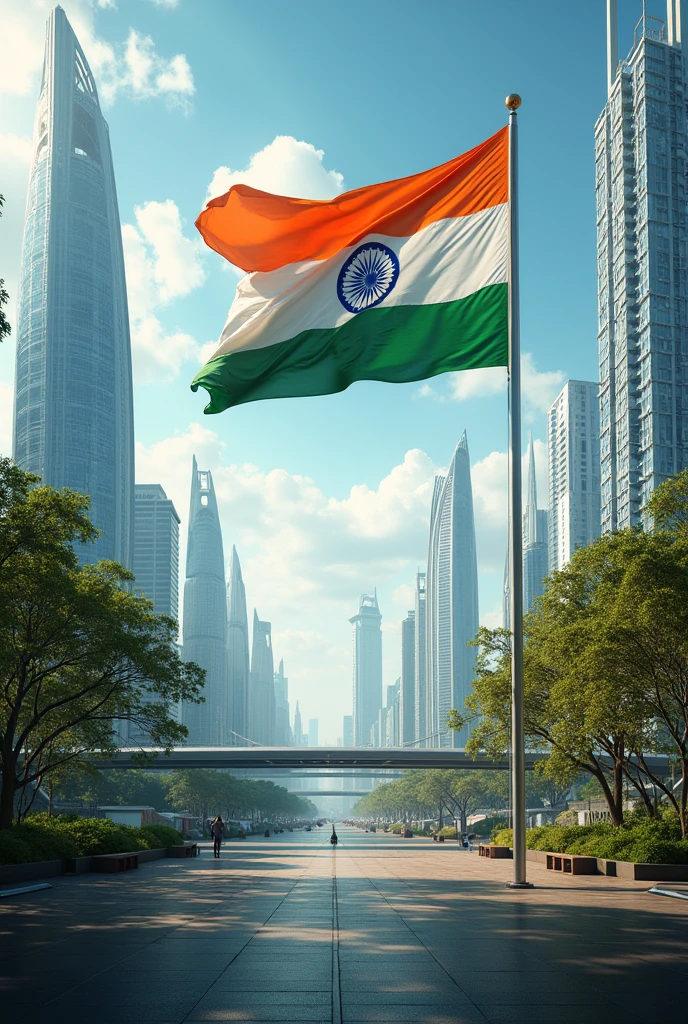 India as a developed nation 2047 with a Indian flag inside a new unique modern Pune city having smart tall buildings