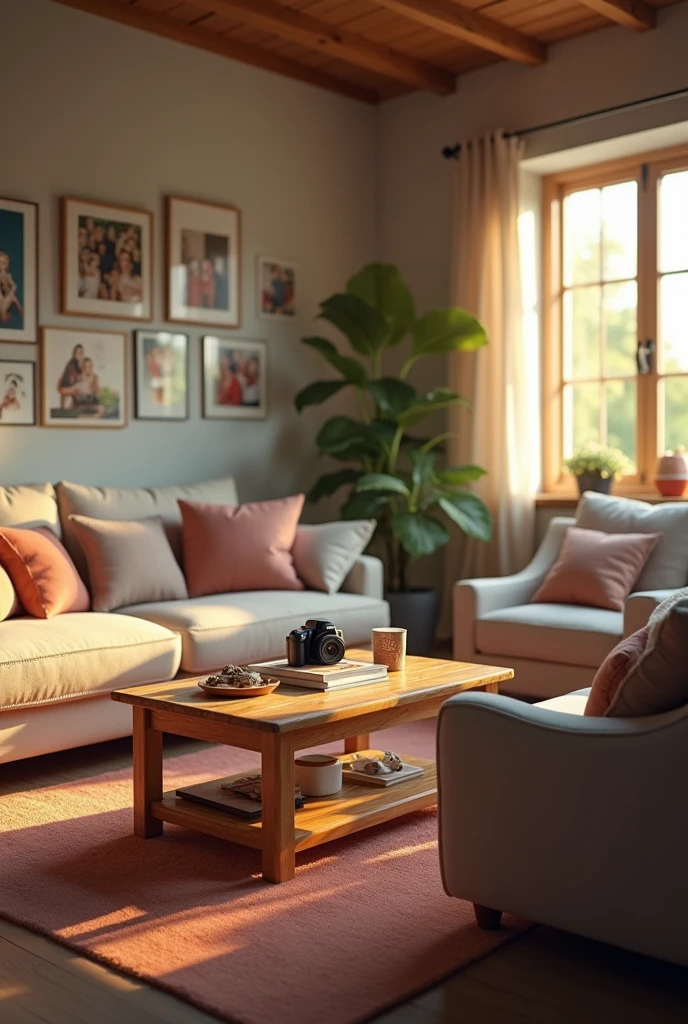 A cozy living room with simple furniture and welcoming decor. Include a table, a digital camera on the table and perhaps some personal items like pillows and pictures on the wall.realisitic, cinematic, 8k