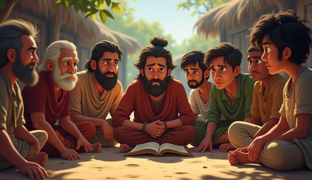 The villagers listening to Vikram's story with skeptical expressions.