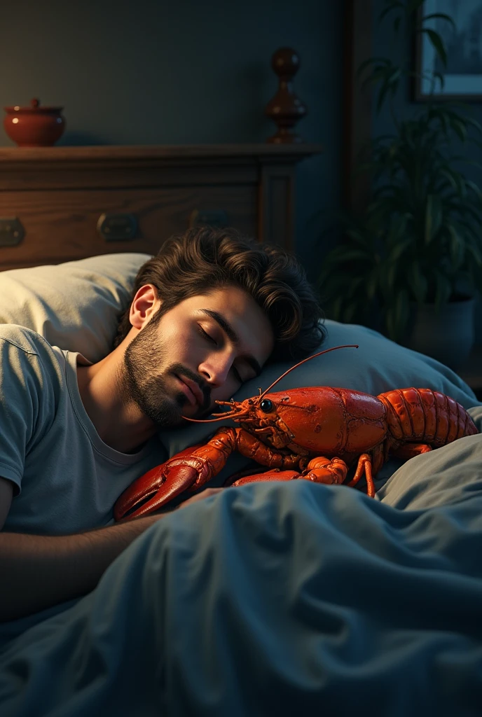Man sleeping next to his pet lobster