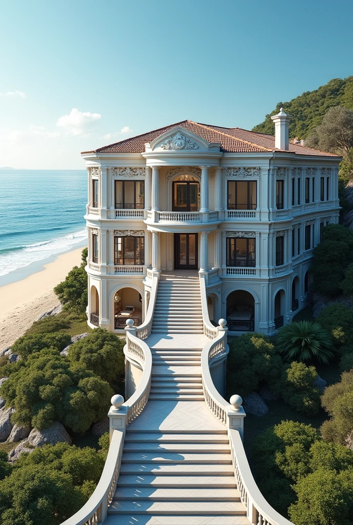 Generate a beautiful mansion locates at beach.present above 10ft of ground level. It has stairs towards beach.located at a big beach and sea shore. 