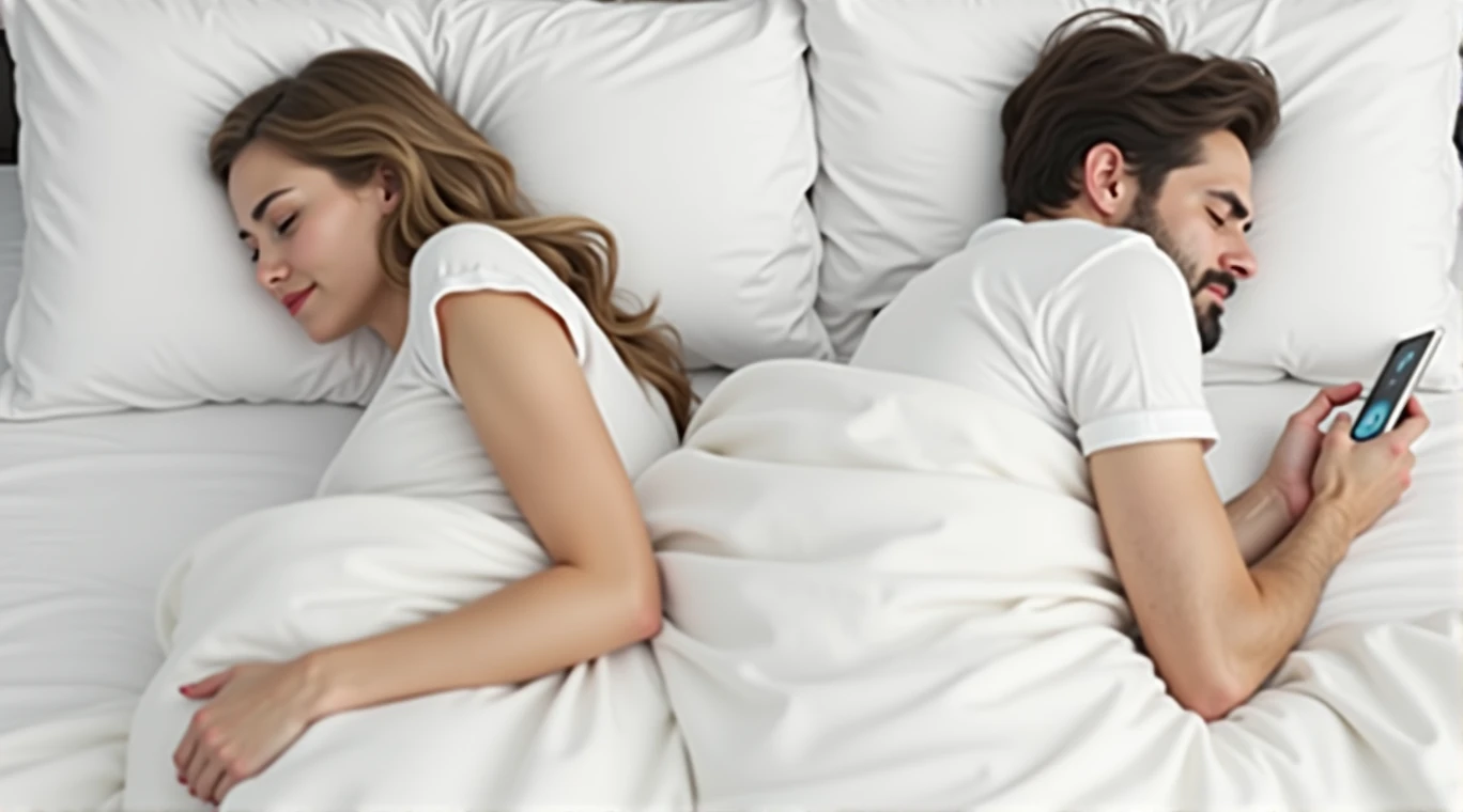 The couple is lying in bed and the woman is awake, using her cell phone and laughing, The man is deeply asleep and sad, paying no attention to the woman