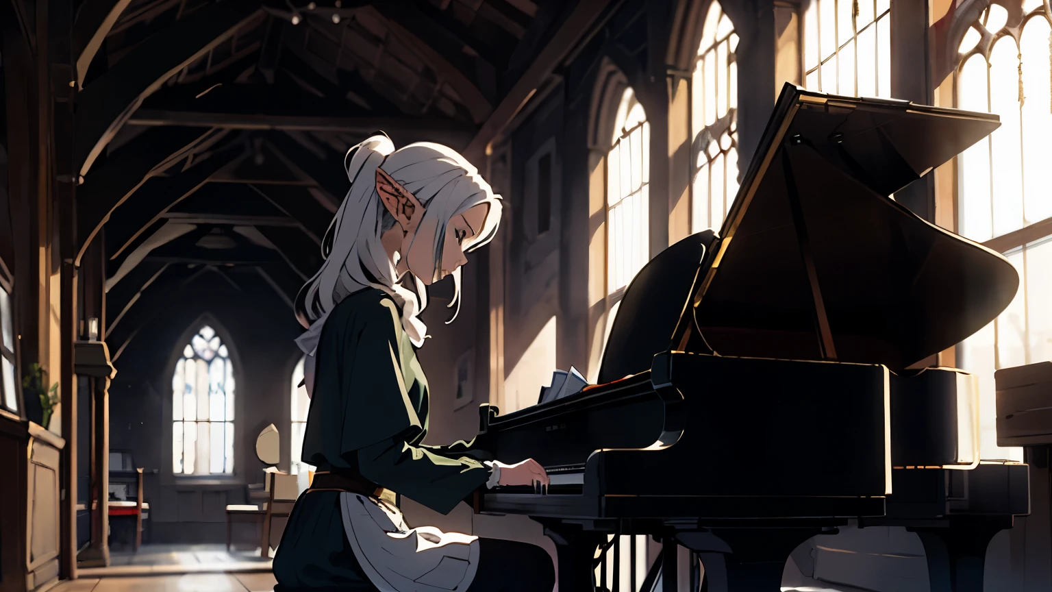 elf girl with white hair, wearing medieval dress, playing piano in gloomy light inside medieval room.
