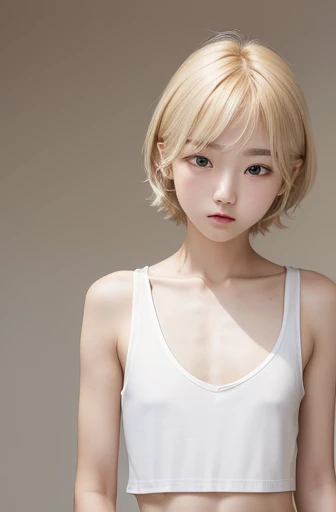 Create a photo of a korean Asian teenager,((beautiful cute idol girl:1.5)), plutinum blonde hair,yo,narrow eyes:1.5,slim face,slim neck,((thinbody)),white tite tanktop,((rasping)),((frat chest)),((clavicle))