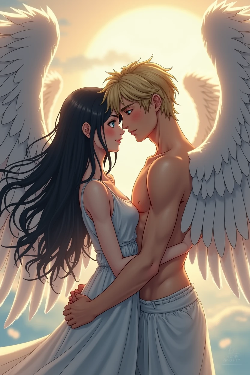 Girl with black long hair, blue eyes and angel wings, she meets her lover, a tall blond guy with brown eyes, beautiful pumped up body and angel wings, anime art, masterpiece