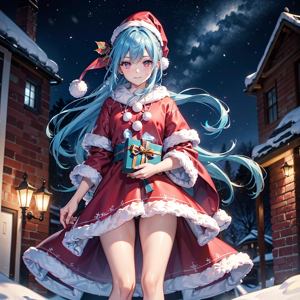 (Sky blue hair tied in a single strand),(Pink Eyes),Fair Skin,Full Body,Alone,smile,Santa Claus Clothes,Giant Christmas Tree in the Background,Snowy Night,Sparkling Night Sky,gift box,(Masterpiece, Top Quality, Very Detailed), Best Shadows,Detailed Background,Beautifully Detailed Face,High Contrast,Best Lighting, Very Delicate and Beautiful,Cinematic Light,Hyper Detail,8k,Dramatic Light,Exquisite Detail,