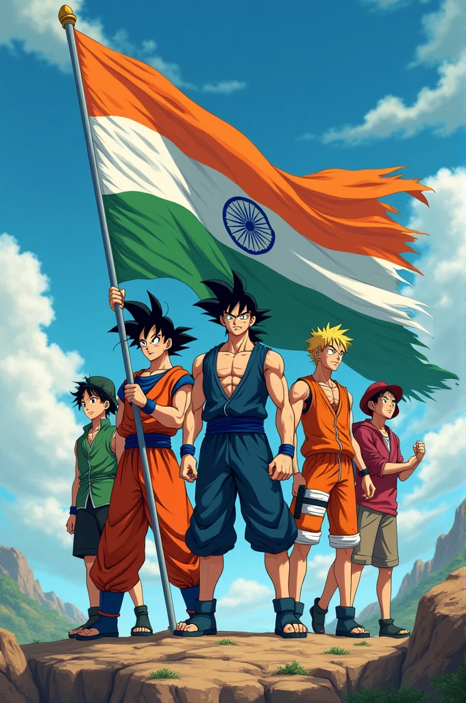 Tangiro  with Goku,Naruto,and Luffy with Indian flag 
