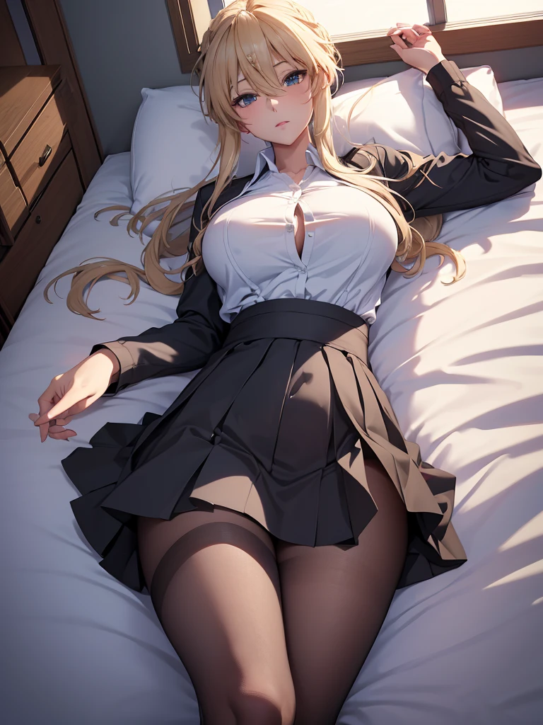 (masterpiece、top-quality、hight resolution、Unity 8k、extremely details CG:1,Best Picture), ((pov)), Female teachers seducing pupils. Pantyhose. Shirt and skirt. Eyes inviting to bed. nsfw, artoriaLancer, braid