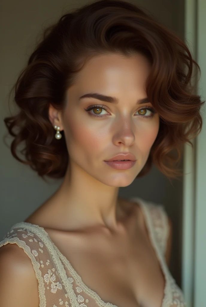 Irene Adler,Brown-haired,Realistic style,Photography,hair to chin,curls,Brown eyes,Pearl ear-rings,Serious,modernization