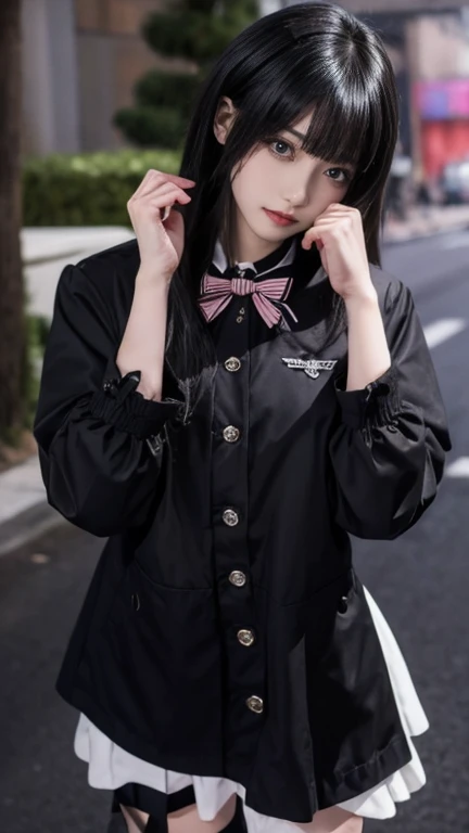 Highest quality、ータGothic styleの女性、masterpiece、One woman、、Clothing with black and pink color scheme、Gothic style、mini skirt、Long socks、Eyes that look like they're about to cry、Flashy makeup based on black、Super long hair、A woman with bangs cut even with her eyebrows、The background is in the city streets、