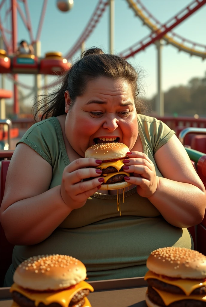 Photorealistic Obese lady eating hamburgers while sitting in a Rollercoaster ride. Grease running down her arms