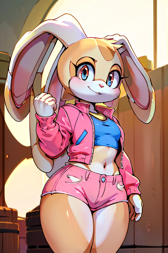 (masterpiece), ((perfect anatomy)), (high Res), (4k), ((((cream the rabbit)))), rabbit, ((blue eyes)), blonde hair, flat chest, wide hips, (((pink jacket top))), (((skin tight jean mini shorts))), happy, (anime artstyle), (((solo))), narrow waist