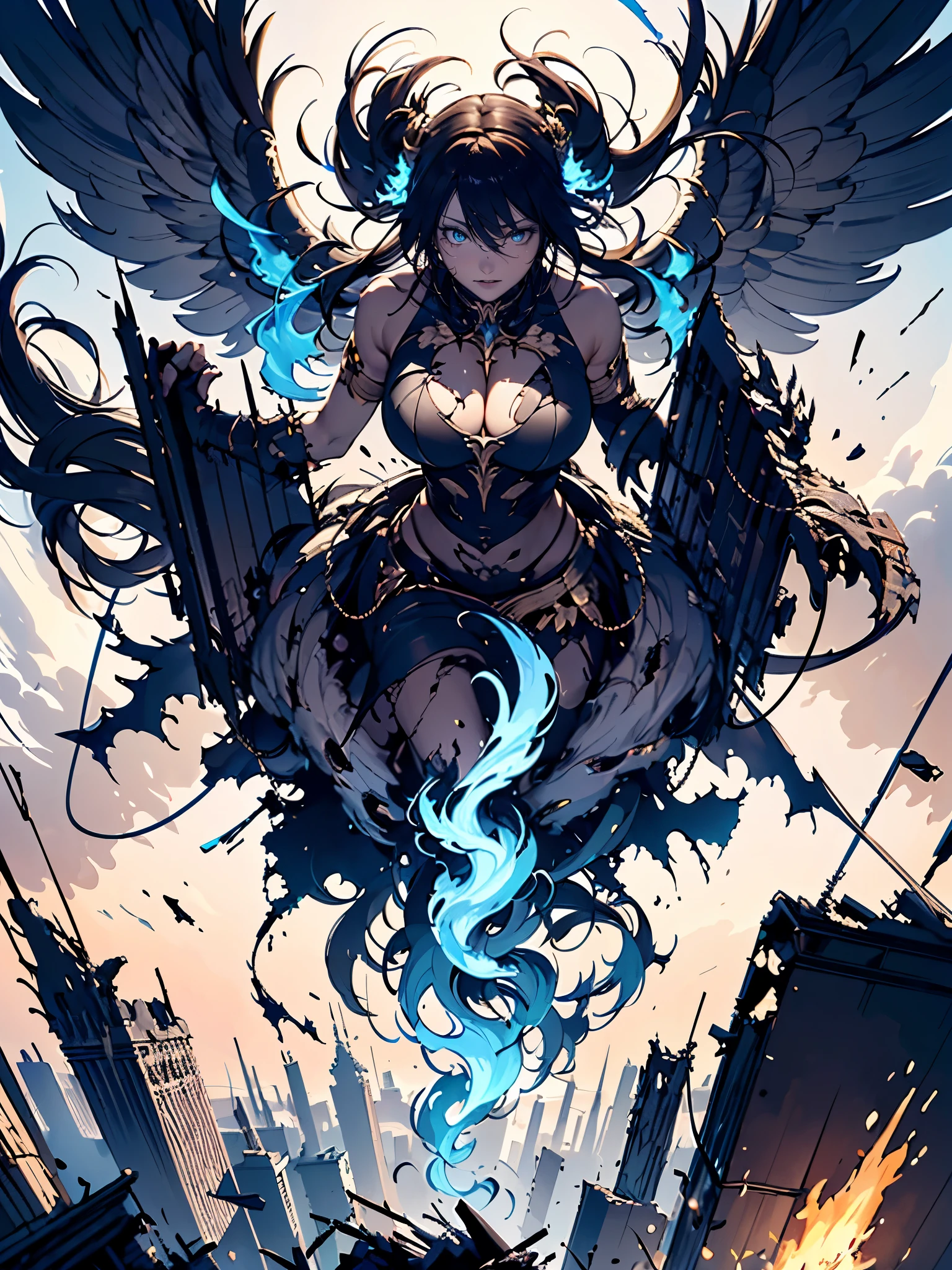 destroyed city, (100 meter tall huge goddess floating, emits light from all over the body, lost pupils, last judgment, blue flame), weapon, aerial angle from below,