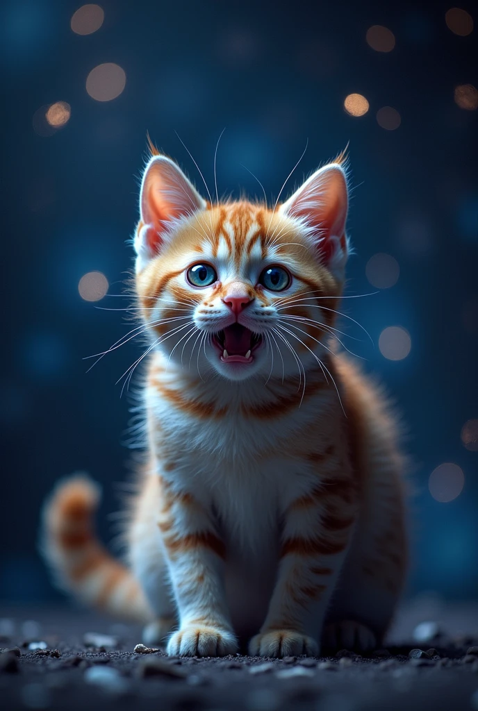 A close-up image of a startled cat, Outer space in the background (Gorgeous, sparkling stars and galaxies), space cat, big "!?" on the screen is written in big letters on the screen,
