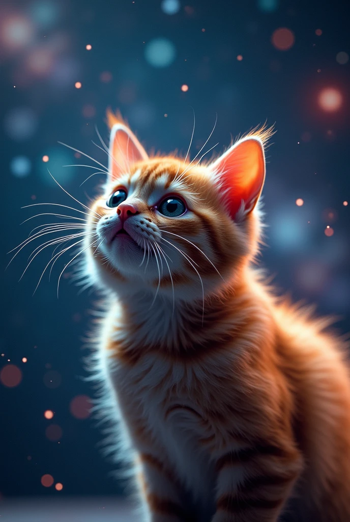 A close-up image of a startled cat, Outer space in the background (Gorgeous, sparkling stars and galaxies), space cat, big "!?" on the screen is written in big letters on the screen,