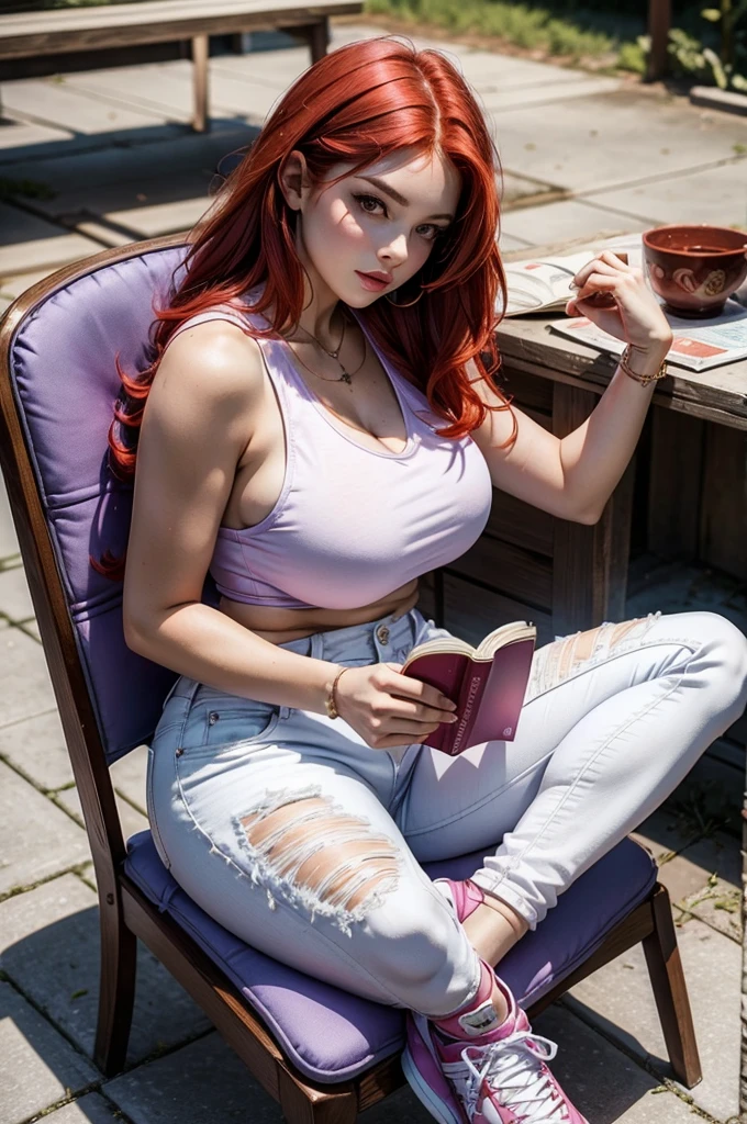 Perfect face, cute girl, big breasts, red hair, purple tank top, white jeans, white shoes, sitting on a chair, reading book, park