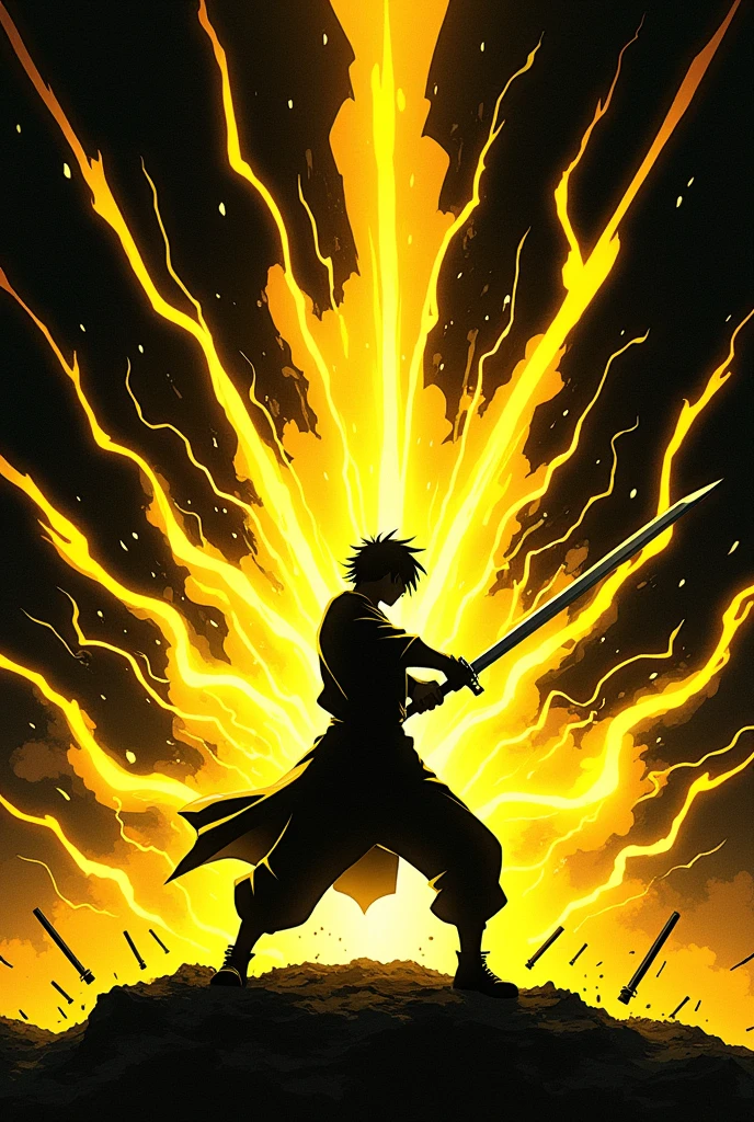 ((Best Quality)), ((masterpiece)), ((detailed)), ((High Definition)), an aura of sword slashes in anime style, all yellow color, with the black silhouette of a simple person in the center, dynamic movement, fighting pose, lightning-fast electric thrust. With a black background.
