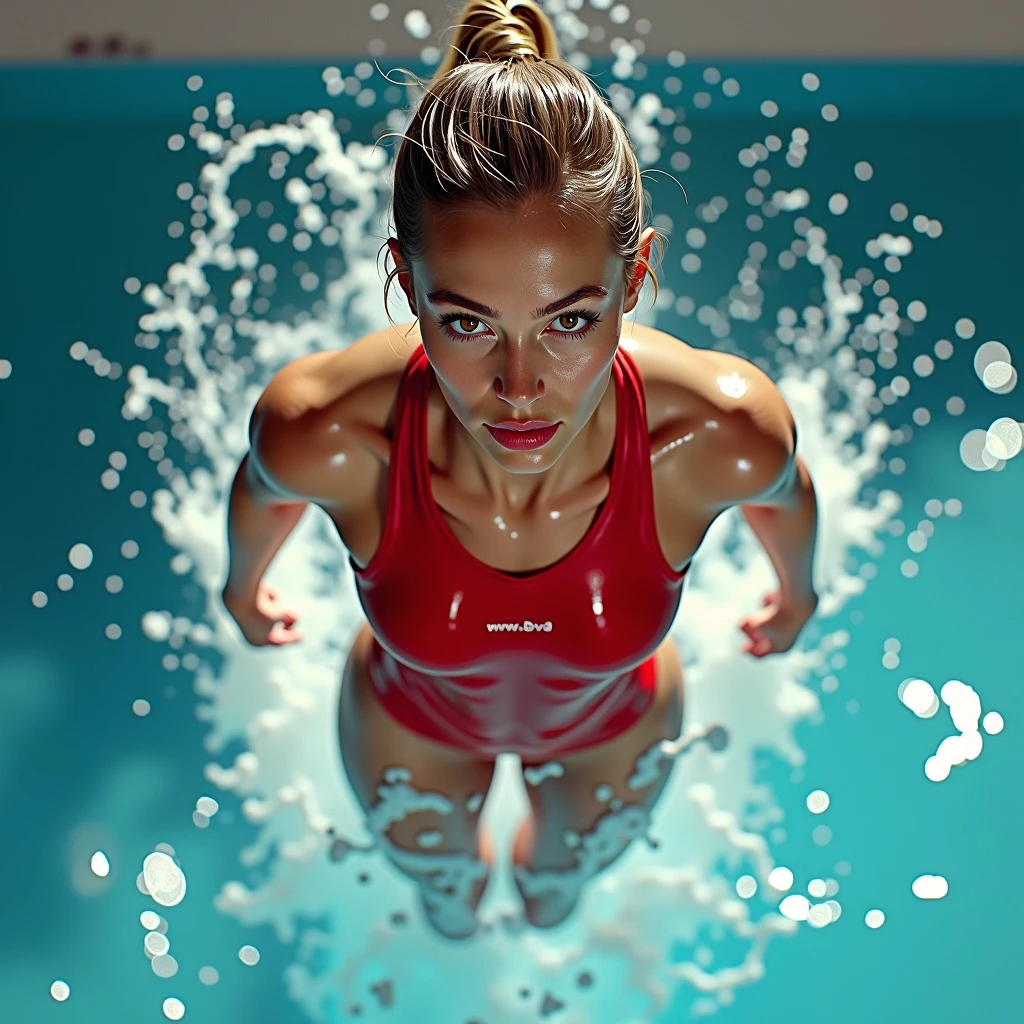 skin-tight Red swimsuit,((Head Down position)), (realistic high diving female athlete), 10m diving platform, beautiful Reflective eyes, beautiful detailed lips, extremely detailed face, elegant diving pose, graceful movements, splashing water, sunlight reflecting on water surface, dramatic lighting, cinematic composition, vibrant colors, photorealistic, (best quality,4k,8k,highres,masterpiece:1.2),ultra-detailed,(realistic,photorealistic,photo-realistic:1.37),HDR,UHD,studio lighting,ultra-fine art,sharp focus,physically-based rendering,extreme detail description,professional,bright colors,bokeh, Motion blur 