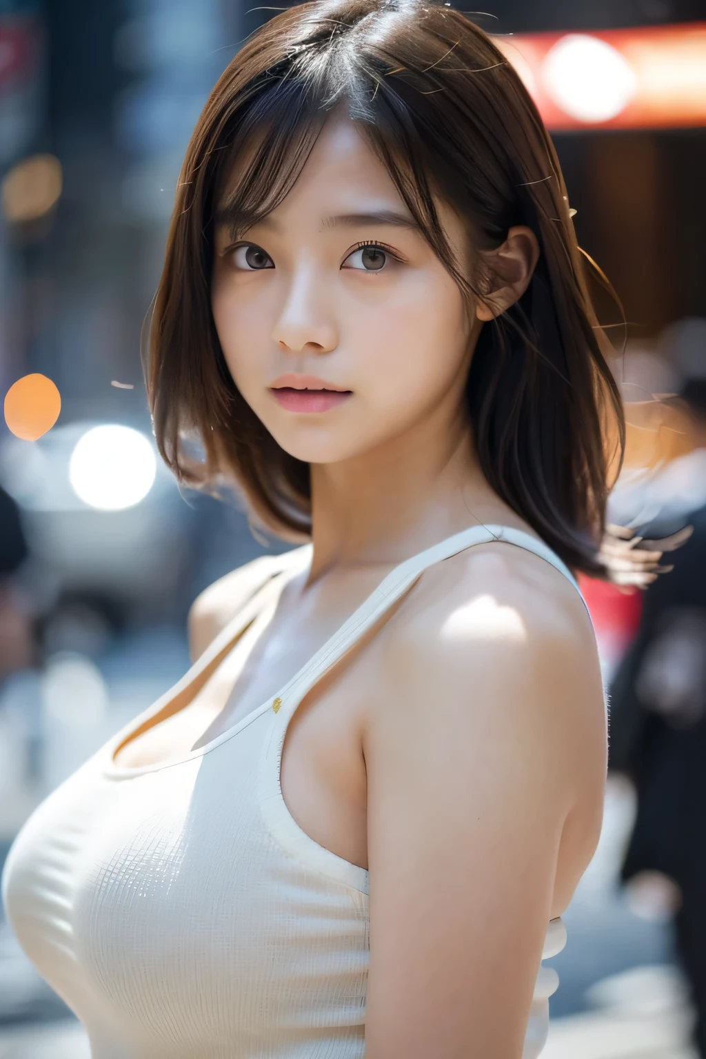 Hair blowing in the wind、A torrential downpour in Shinjuku,A woman with a cute face like a Japanese idol, , (Cinema Lighting),(Natural light),(High level of artistry),(artistic),(Indistinguishable quality from the real thing),{{RAW Photos}},{{Genuine}},High resolution,masterpiece, beautiful, Handsome Tomboy, Looks like a salon model, ((Cool face)), Neutral facial features, Tank top、nsfw,
