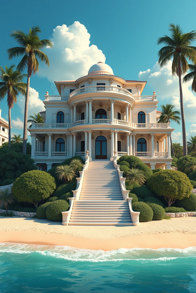 Generate a beautiful mansion locates at beach.present above 10ft of ground level. It has stairs towards beach.located at a big beach and sea shore.beach is miami beach