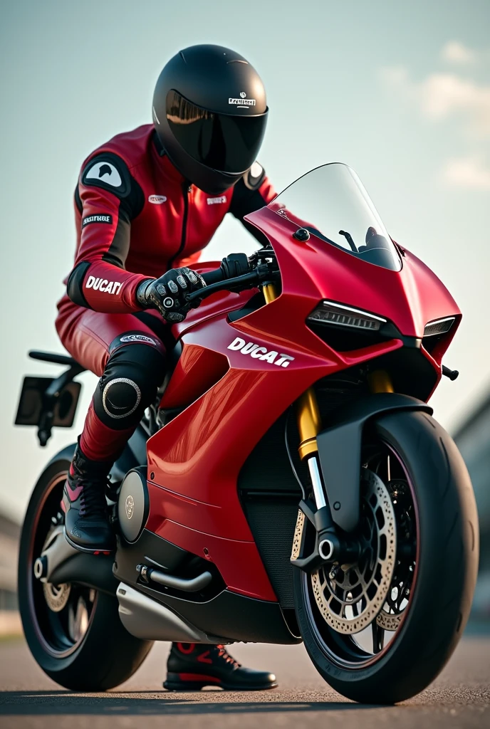 ((best quality)), ((masterpiece)), (detailed), 1man, superbikes rider sitting and leans on his bike, wearing racer wearpack, ducati panigle v4S, low angle camera, nike sneakers, race helmet
