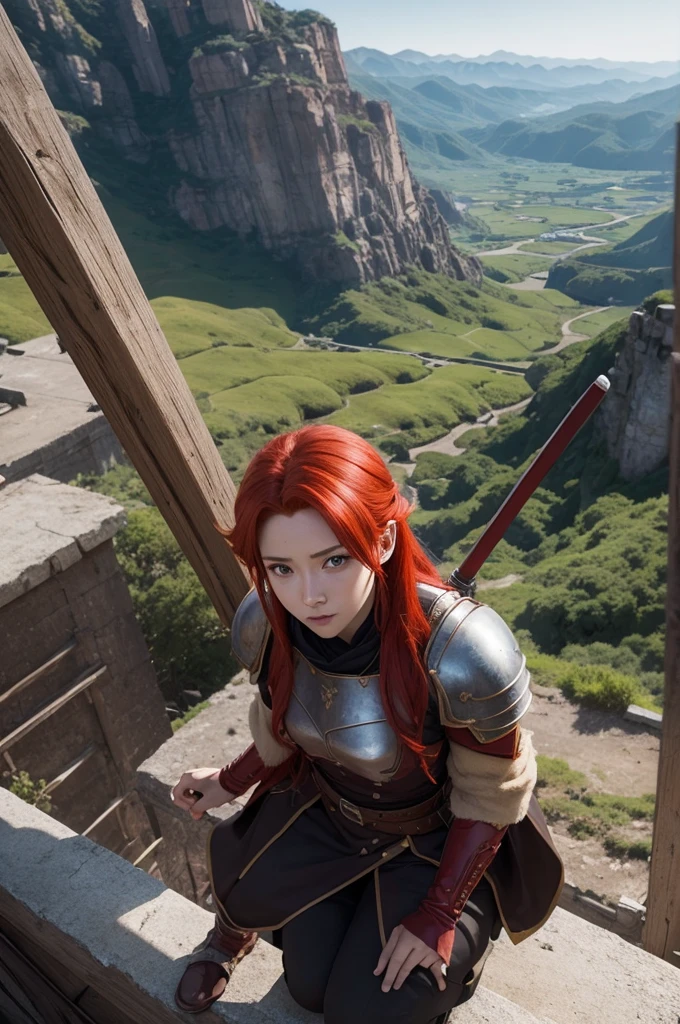 Interpreter RPG, view from above, aerial view, 2d. アニメ. Red haired warrior