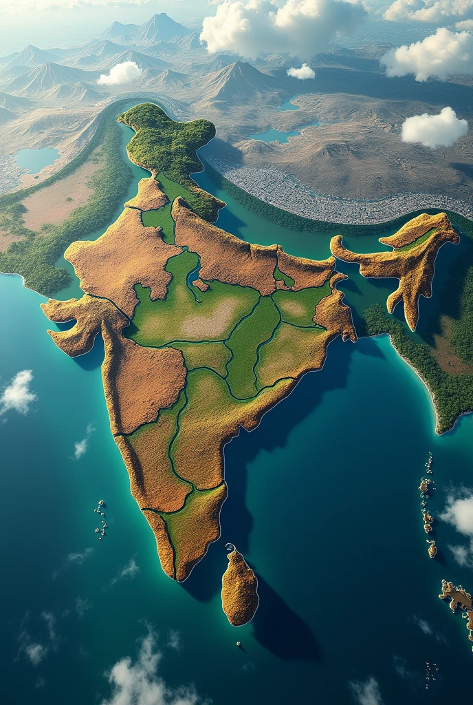 Highlights the india country in arieal 
view 