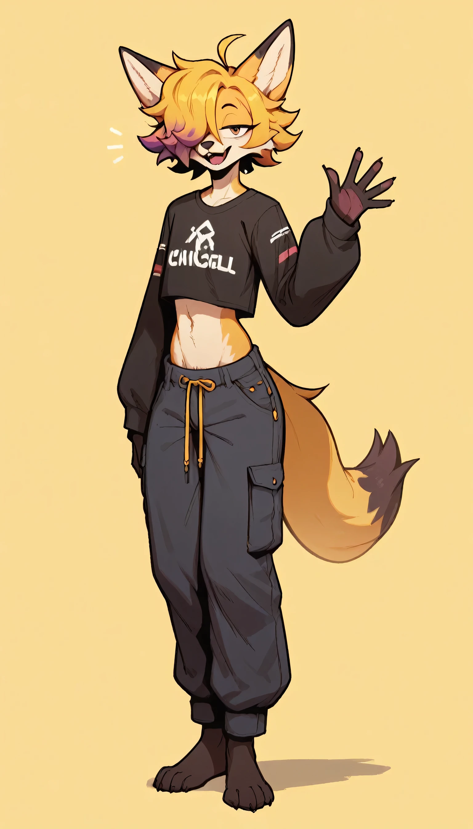 Excited expression, 1boy, (femboy), anthro, furry, fur, fluffy fur, fox boy, yellow and black fur body, fluffy, long yellow hair, purple highlights, messy hair, (19 years), thicc thighs, solo, (light yellow background), detailed, wide smile, half closed eyes, (hair covering one eye), cropped long sleeve shirt, baggy cargo pants (black pants), barefoot, looking at the viewer, waving, (full body), score_9, score_8_up, score_7_up, score_6_up, score_5_up, score_4_up