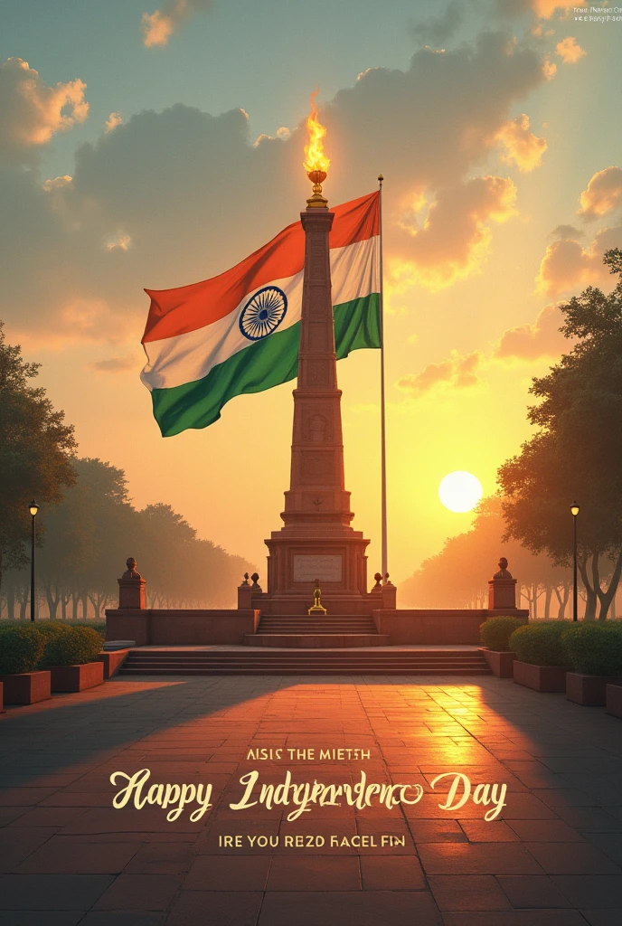 Design a realistic and heartfelt image to celebrate Indian Independence Day, with the focus entirely on the revered Amar Jawan Jyoti in New Delhi. The depiction should be true to life, highlighting the eternal flame and its surrounding structure, which honors the brave soldiers of India. Include the inspiring quote: "Ask not what your country can do for you; ask what you can do for your country," alongside a warm message wishing everyone a "Happy Independence Day." The Indian tricolor should be subtly woven into the design, enhancing the solemn yet proud atmosphere. The overall composition should evoke deep national pride and reverence, with an authentic representation of Amar Jawan Jyoti at its core.