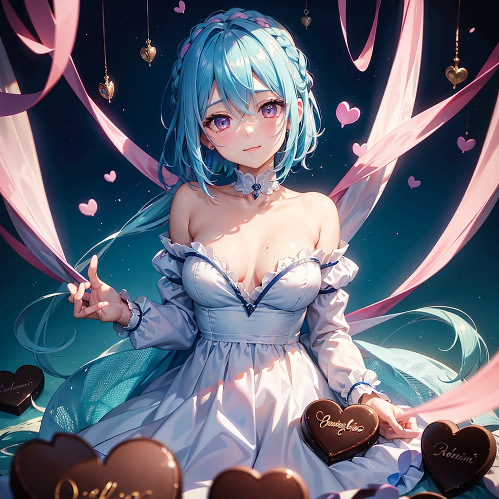 Sky blue hair、Braided Short Hair、Pink Eyes、Fair skin、whole body、One person、shy、Lots of hearts in the background、(Heart-shaped chocolate)、(Chocolate Angel)、Valentine's Day、smile、masterpiece、Highest quality、Very detailed、Best Shadow、Detailed Background、Beautifully detailed face、High Contrast、Best lighting、Very delicate and beautiful、Cinematic Light、Hyper Detail、8k、Dramatic Light、Exquisite detail、