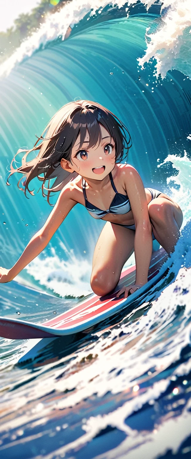 (1girl\(surfer\) riding surfboard in wave tunnel:1.3),quality\(8k,wallpaper of extremely detailed CG unit, masterpiece,hight resolution,top-quality,top-quality real texture skin,hyper realisitic,increase the resolution,RAW photos,best qualtiy,highly detailed,the wallpaper,cinematic lighting,ray trace,golden ratio\), BREAK ,solo,1girl\(cute,kawaii,very attractive,young,, breast\(perky,big,beautiful\),bikini\(swim wear\),rushgard\(very wet\),hair\(long,wet,shiny\),big eyes,cosmic eyes,(bikini tan),surfer,surfing\((riding surfboard:1.4),on the wave\),wet skin,(dynamic pose:1.2),surfboad,smile\) (riding surfboad:1.5), BREAK ,background\((big wave\(rolling,beautiful,clear,(motion blur:0.5)\):1.5),beautiful sea\(whitecaps\),clean ocean,beautiful coral, beautiful fish,beautiful sky,beautiful sunlight,reflections,golden hour,water splash,you can see the wind browing\),(dynamic angle:1.4)