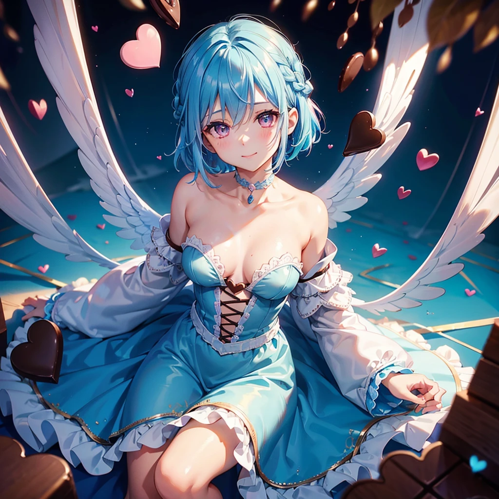 Sky blue hair、Braided Short Hair、Pink Eyes、Fair skin、whole body、One person、shy、Lots of hearts in the background、(Heart-shaped chocolate)、(Chocolate Angel)、Valentine's Day、smile、masterpiece、Highest quality、Very detailed、Best Shadow、Detailed Background、Beautifully detailed face、High Contrast、Best lighting、Very delicate and beautiful、Cinematic Light、Hyper Detail、8k、Dramatic Light、Exquisite detail、