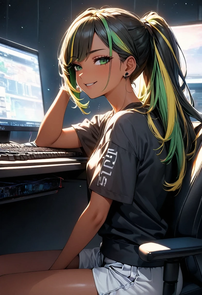 (highest quality:1.2, Very detailed, up to date, Vibrant, Ultra-high resolution, High Contrast, masterpiece:1.2, highest quality, Best aesthetics), Portraiture、girl、((25 years old:1.8)), (slim:1.3), Bright colors、Beautiful fine details、Beautiful lip detail、long hair, (ponytail:1.3), white and yellow green ((streaked hair:1.6)), highlights hair: 1.5, (small breast,:1) (tan skin:1.2), black t-shirt, pants, ((wear headphone:1)), game programer, typing keyboard on the desk PC, sitting gaming chair, glasses, side shot, (cowboy shot:1.1), (look at PC on the desk:1), smug:1, upper body