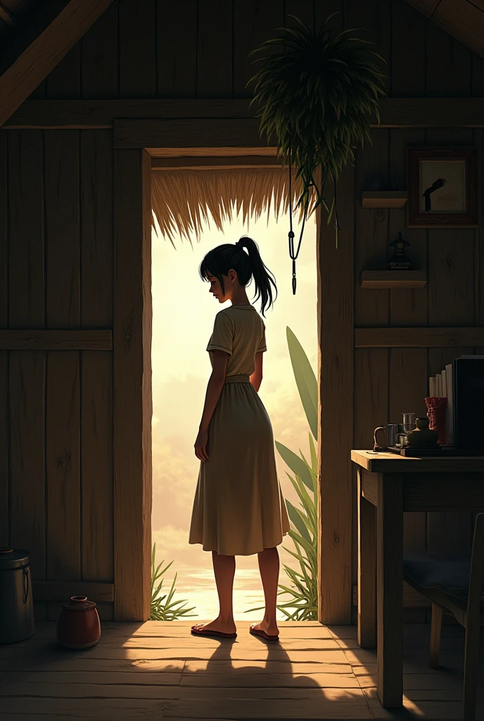 A woman searching something inside a hut