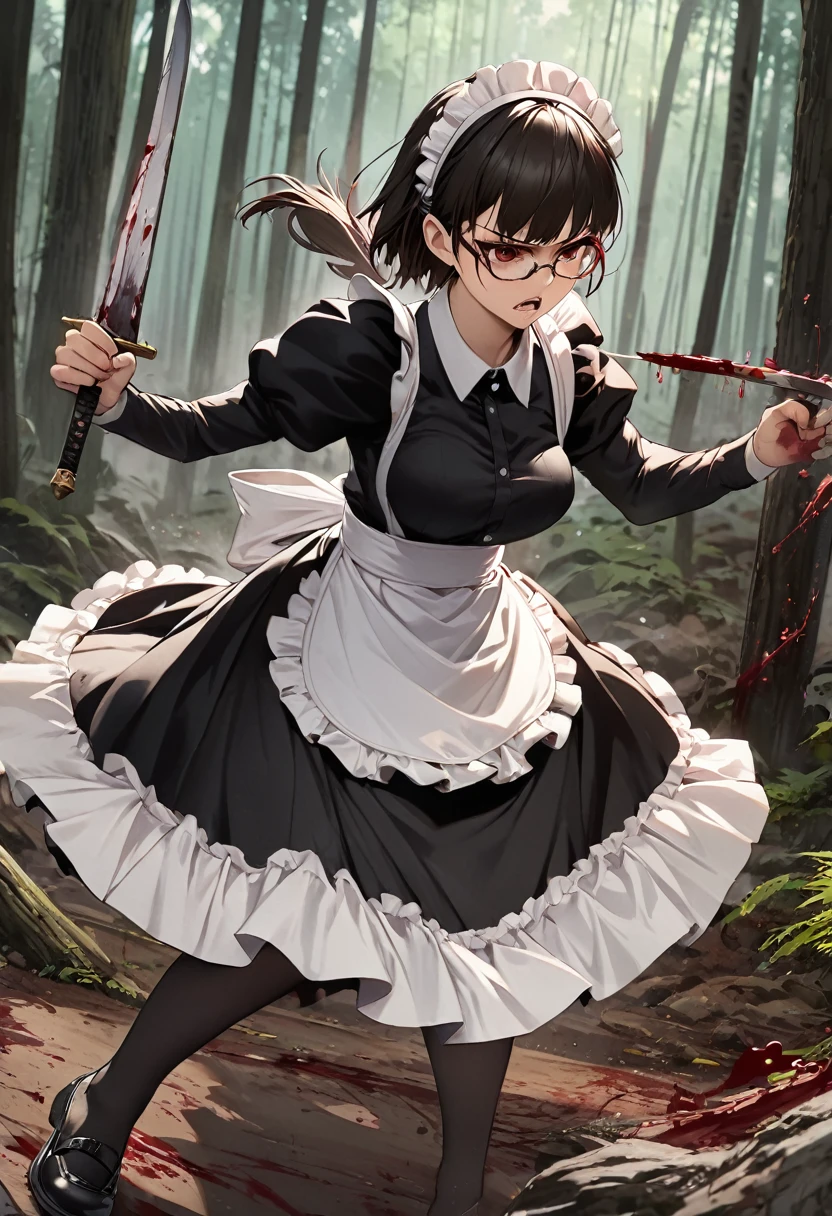 Highest quality, masterpiece, High resolution, alone, , (maid:1.40), (long maid dress:1.15), 19 ,forest,Detailed Background,Glasses,Sword in both hands,Battle Scenes,Blood,Angry