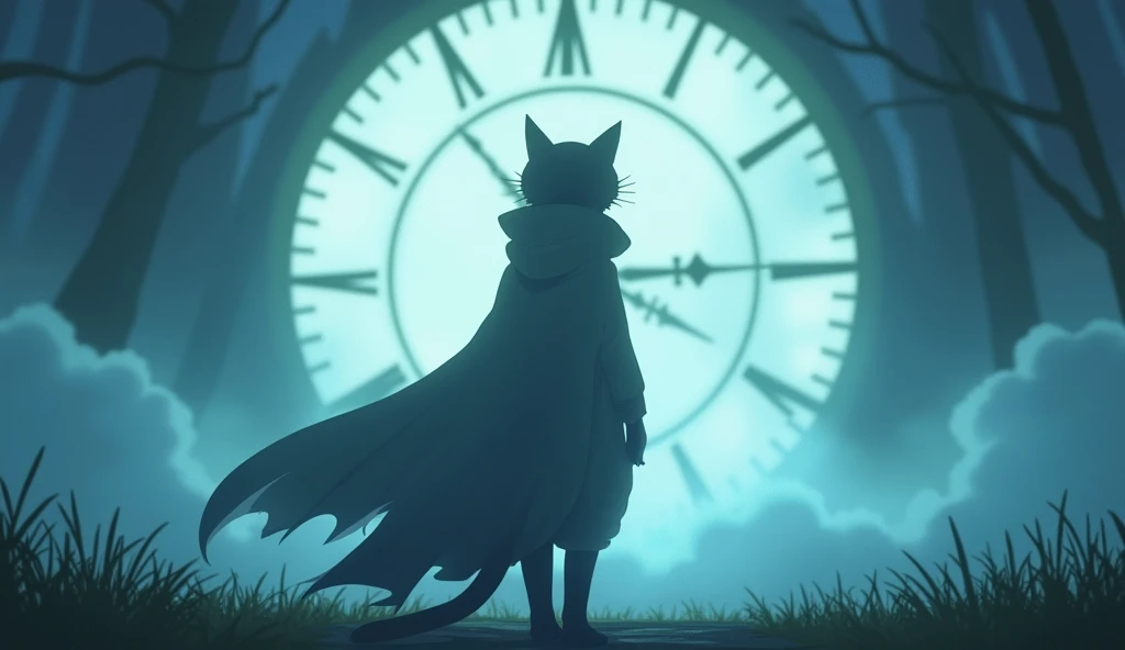 Anime scene where the silhouette of a cat wearing a cloak standing in front of a clock can be seen in the distance, Dreamy psychedelic anime, Cytus and Deemo Style, videoScreenshots of the game, Gore anime screenshot, Animation still screenshots, video Screenshots of the game, Cut scene footage, アニメmovieのスクリーンショット, Screenshots of the game, movie, Screenshots of the game, From the TV anime