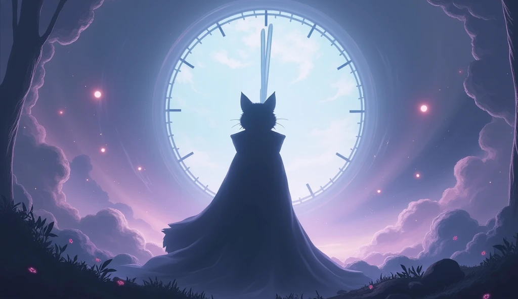 Anime scene where the silhouette of a cat wearing a cloak standing in front of a clock can be seen in the distance, Dreamy psychedelic anime, Cytus and Deemo Style, videoScreenshots of the game, Gore anime screenshot, Animation still screenshots, video Screenshots of the game, Cut scene footage, アニメmovieのスクリーンショット, Screenshots of the game, movie, Screenshots of the game, From the TV anime